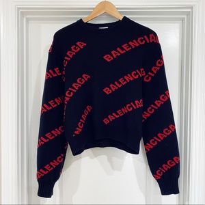 Balenciaga Navy Blue Red Logo Intarsia Sweater L